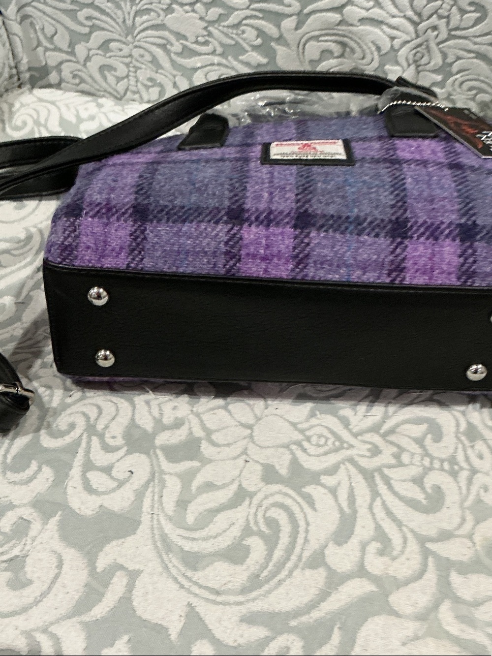 Glen Appin Purple Plaid Harris Tweed Satchel with Black Trim - Picture 6 of 6
